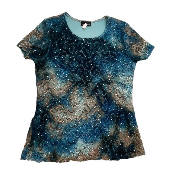 Brittany Black short sleeve stretch lace top ombre beaded sparkles lined medium - Picture 2 of 10